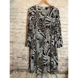 Cato Midi Dress Womens 22/24W Black Brown Mixed Print Flare Sleeve Plus Stretch